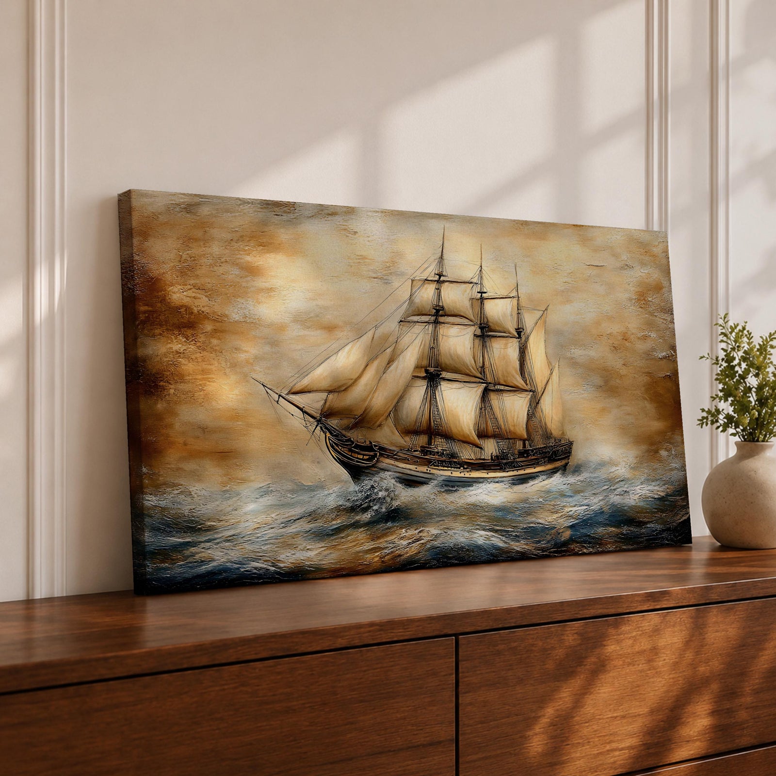 Panoramic painting of a large windjammer sailing ship with tall white sails fully extended as it moves across textured ocean waves beneath a glowing sunset sky. Thick expressive brushstrokes form rolling water dramatic clouds and detailed rigging creating a wide vintage maritime seascape composition.
