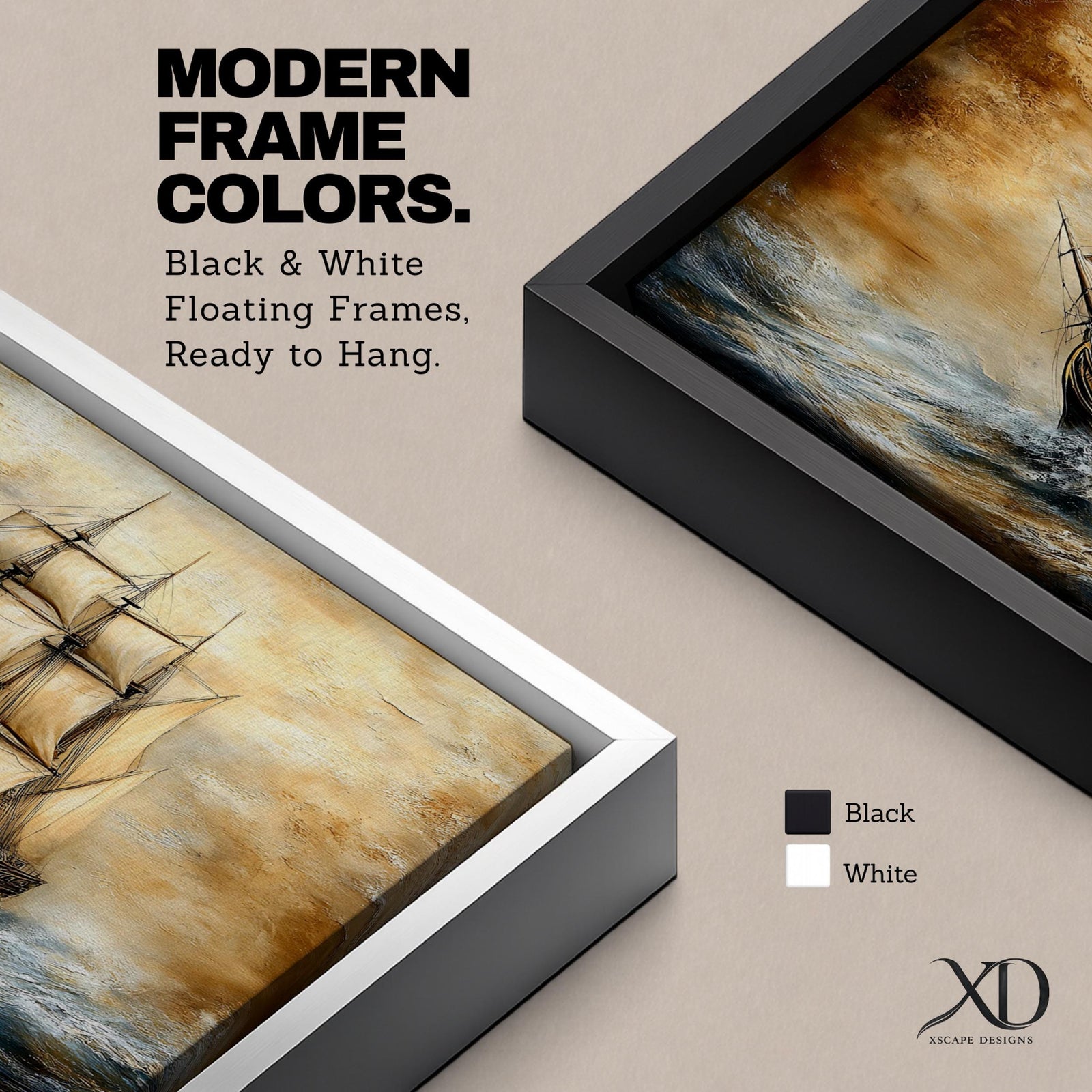 Panoramic painting of a large windjammer sailing ship with tall white sails fully extended as it moves across textured ocean waves beneath a glowing sunset sky. Thick expressive brushstrokes form rolling water dramatic clouds and detailed rigging creating a wide vintage maritime seascape composition.