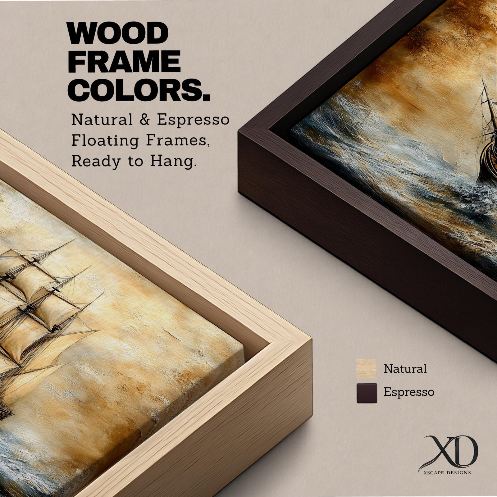 Panoramic painting of a large windjammer sailing ship with tall white sails fully extended as it moves across textured ocean waves beneath a glowing sunset sky. Thick expressive brushstrokes form rolling water dramatic clouds and detailed rigging creating a wide vintage maritime seascape composition.