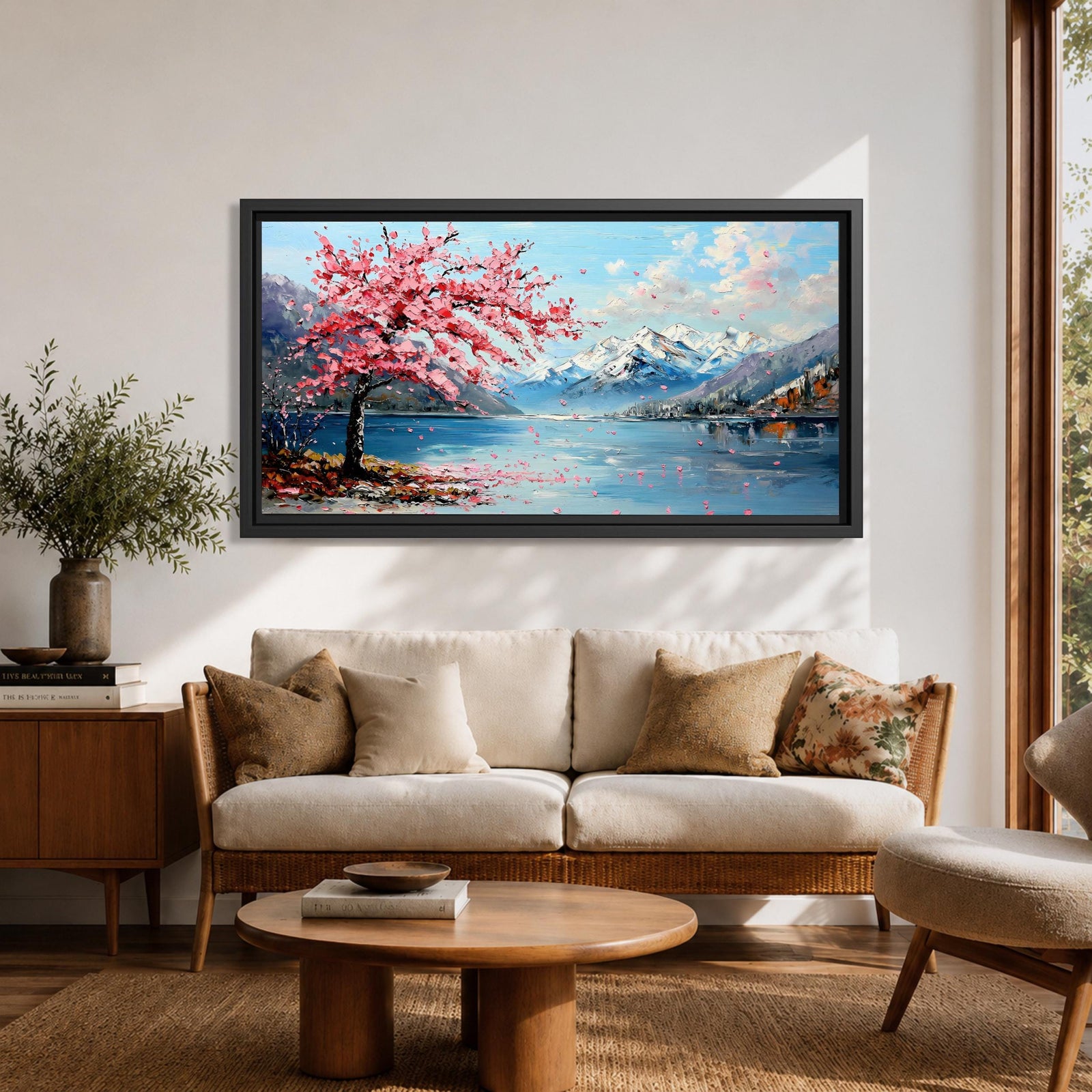 Panoramic painting of a cherry blossom tree in full bloom beside a calm mountain lake with snow covered peaks in the distance and soft clouds above. Pink petals drift across the water while thick palette knife brushstrokes create texture in the blossoms shoreline and reflections forming a wide spring landscape scene with bold color contrast.