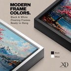 Panoramic painting of a cherry blossom tree in full bloom beside a calm mountain lake with snow covered peaks in the distance and soft clouds above. Pink petals drift across the water while thick palette knife brushstrokes create texture in the blossoms shoreline and reflections forming a wide spring landscape scene with bold color contrast.