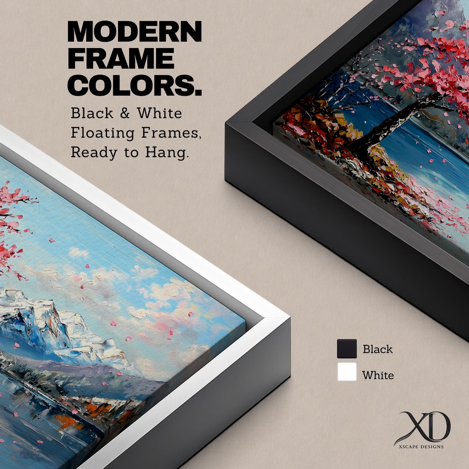 Panoramic painting of a cherry blossom tree in full bloom beside a calm mountain lake with snow covered peaks in the distance and soft clouds above. Pink petals drift across the water while thick palette knife brushstrokes create texture in the blossoms shoreline and reflections forming a wide spring landscape scene with bold color contrast.