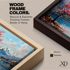 Panoramic painting of a cherry blossom tree in full bloom beside a calm mountain lake with snow covered peaks in the distance and soft clouds above. Pink petals drift across the water while thick palette knife brushstrokes create texture in the blossoms shoreline and reflections forming a wide spring landscape scene with bold color contrast.