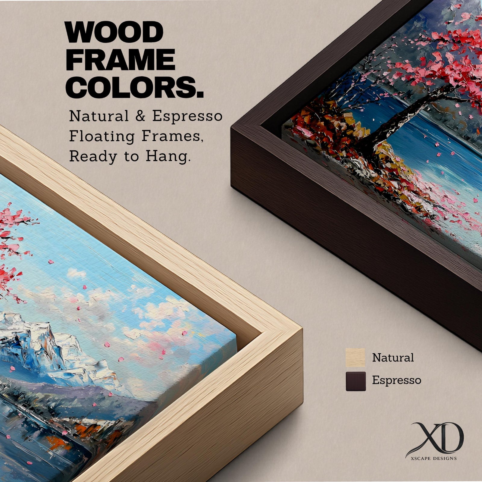 Panoramic painting of a cherry blossom tree in full bloom beside a calm mountain lake with snow covered peaks in the distance and soft clouds above. Pink petals drift across the water while thick palette knife brushstrokes create texture in the blossoms shoreline and reflections forming a wide spring landscape scene with bold color contrast.