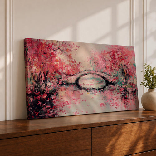 Panoramic painting of blooming cherry blossom trees with soft pink petals surrounding a curved bridge over calm water during spring. Layers of textured brushstrokes form clusters of blossoms drifting across the scene while reflections shimmer on the surface creating a wide Japanese inspired spring landscape composition.