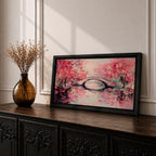 Panoramic painting of blooming cherry blossom trees with soft pink petals surrounding a curved bridge over calm water during spring. Layers of textured brushstrokes form clusters of blossoms drifting across the scene while reflections shimmer on the surface creating a wide Japanese inspired spring landscape composition.