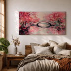 Panoramic painting of blooming cherry blossom trees with soft pink petals surrounding a curved bridge over calm water during spring. Layers of textured brushstrokes form clusters of blossoms drifting across the scene while reflections shimmer on the surface creating a wide Japanese inspired spring landscape composition.