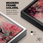 Panoramic painting of blooming cherry blossom trees with soft pink petals surrounding a curved bridge over calm water during spring. Layers of textured brushstrokes form clusters of blossoms drifting across the scene while reflections shimmer on the surface creating a wide Japanese inspired spring landscape composition.