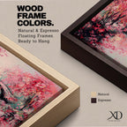 Panoramic painting of blooming cherry blossom trees with soft pink petals surrounding a curved bridge over calm water during spring. Layers of textured brushstrokes form clusters of blossoms drifting across the scene while reflections shimmer on the surface creating a wide Japanese inspired spring landscape composition.
