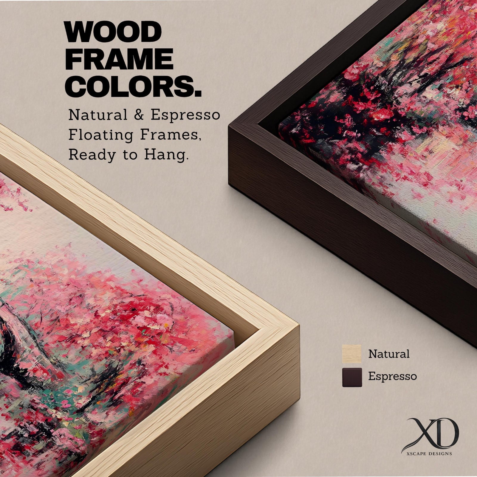 Panoramic painting of blooming cherry blossom trees with soft pink petals surrounding a curved bridge over calm water during spring. Layers of textured brushstrokes form clusters of blossoms drifting across the scene while reflections shimmer on the surface creating a wide Japanese inspired spring landscape composition.
