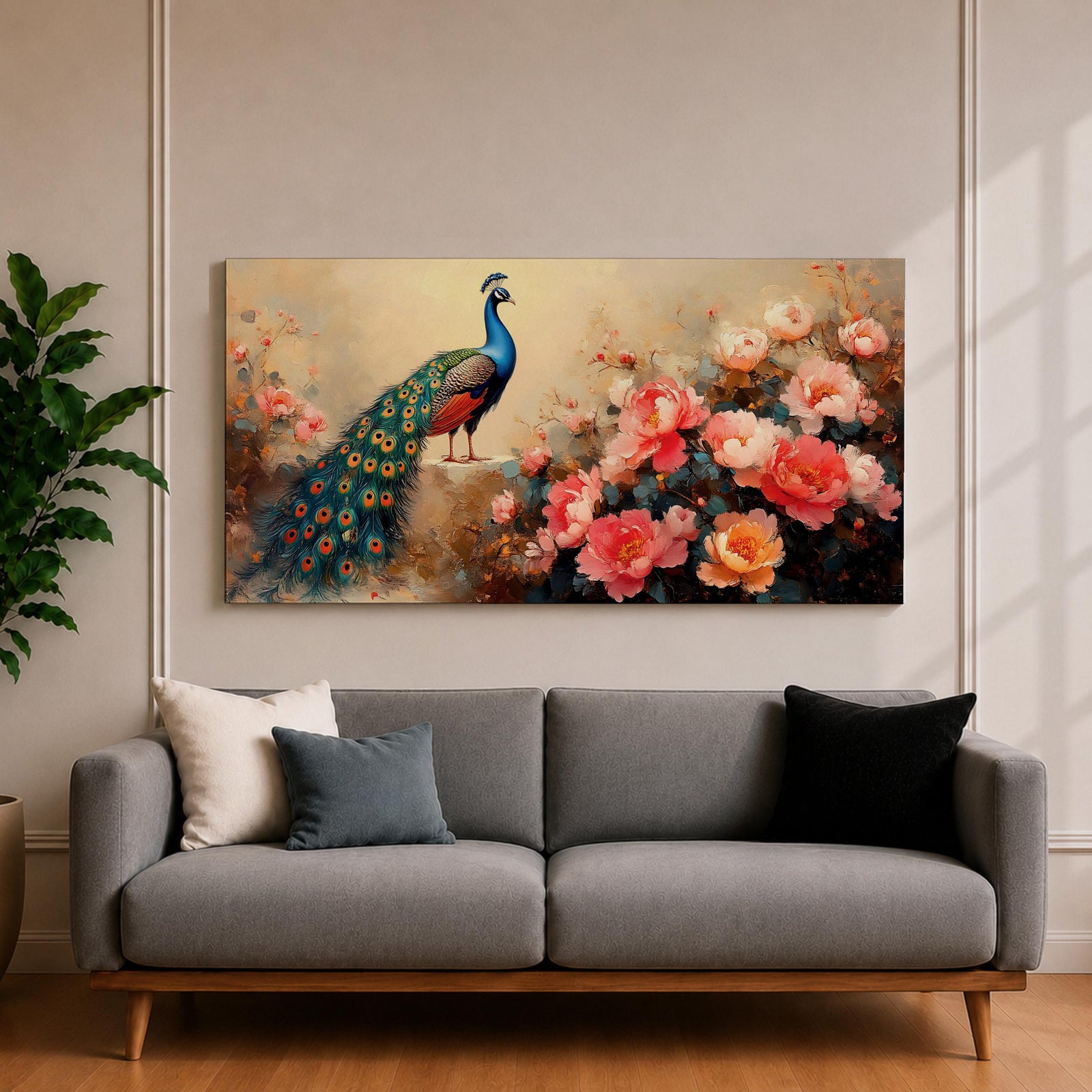 Panoramic painting of a vibrant peacock standing among blooming pink and coral peony flowers with its long iridescent tail cascading across the composition. Thick palette knife brushstrokes form layered petals textured foliage and detailed feather eyes creating a wide horizontal floral bird scene with rich color contrast.