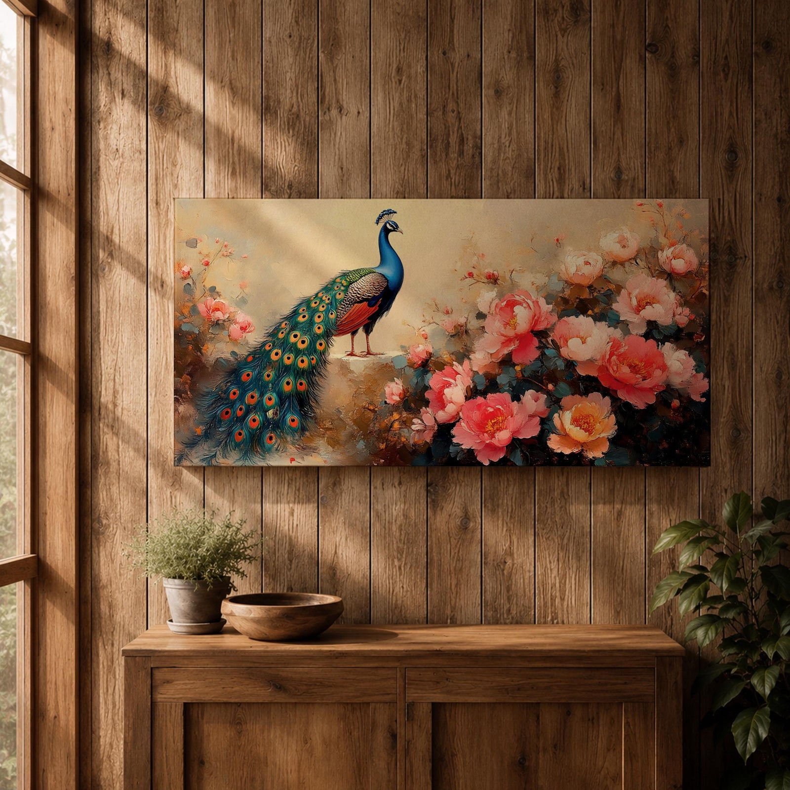 Panoramic painting of a vibrant peacock standing among blooming pink and coral peony flowers with its long iridescent tail cascading across the composition. Thick palette knife brushstrokes form layered petals textured foliage and detailed feather eyes creating a wide horizontal floral bird scene with rich color contrast.