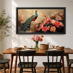 Panoramic painting of a vibrant peacock standing among blooming pink and coral peony flowers with its long iridescent tail cascading across the composition. Thick palette knife brushstrokes form layered petals textured foliage and detailed feather eyes creating a wide horizontal floral bird scene with rich color contrast.