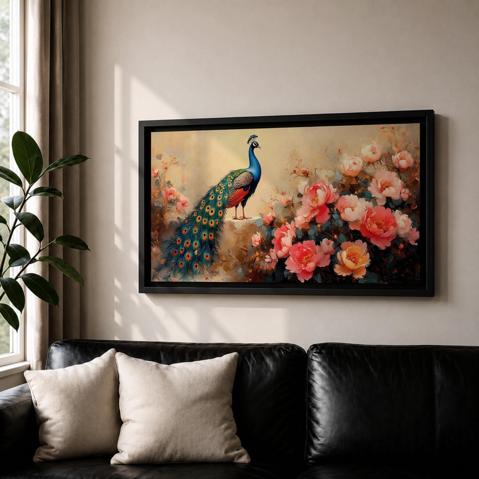 Panoramic painting of a vibrant peacock standing among blooming pink and coral peony flowers with its long iridescent tail cascading across the composition. Thick palette knife brushstrokes form layered petals textured foliage and detailed feather eyes creating a wide horizontal floral bird scene with rich color contrast.