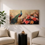 Panoramic painting of a vibrant peacock standing among blooming pink and coral peony flowers with its long iridescent tail cascading across the composition. Thick palette knife brushstrokes form layered petals textured foliage and detailed feather eyes creating a wide horizontal floral bird scene with rich color contrast.