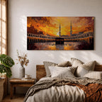 Panoramic impressionist painting of the Kaaba at Masjid al Haram in Mecca with the black cube sanctuary centered within the mosque courtyard. Tall minarets rise above surrounding arcades while dramatic golden sunset skies and expressive brushstrokes fill the wide horizontal composition with warm light and movement.