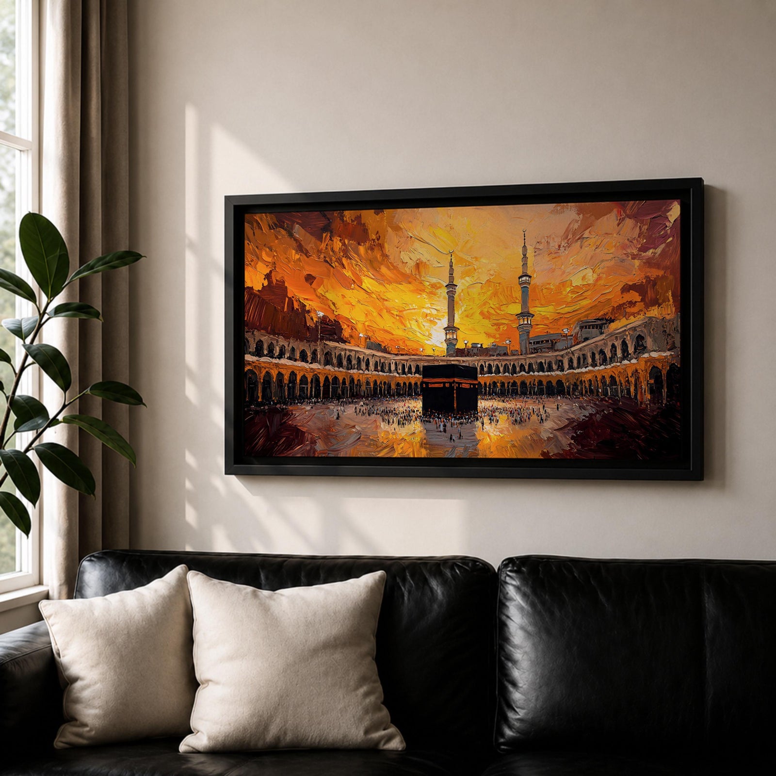 Panoramic impressionist painting of the Kaaba at Masjid al Haram in Mecca with the black cube sanctuary centered within the mosque courtyard. Tall minarets rise above surrounding arcades while dramatic golden sunset skies and expressive brushstrokes fill the wide horizontal composition with warm light and movement.