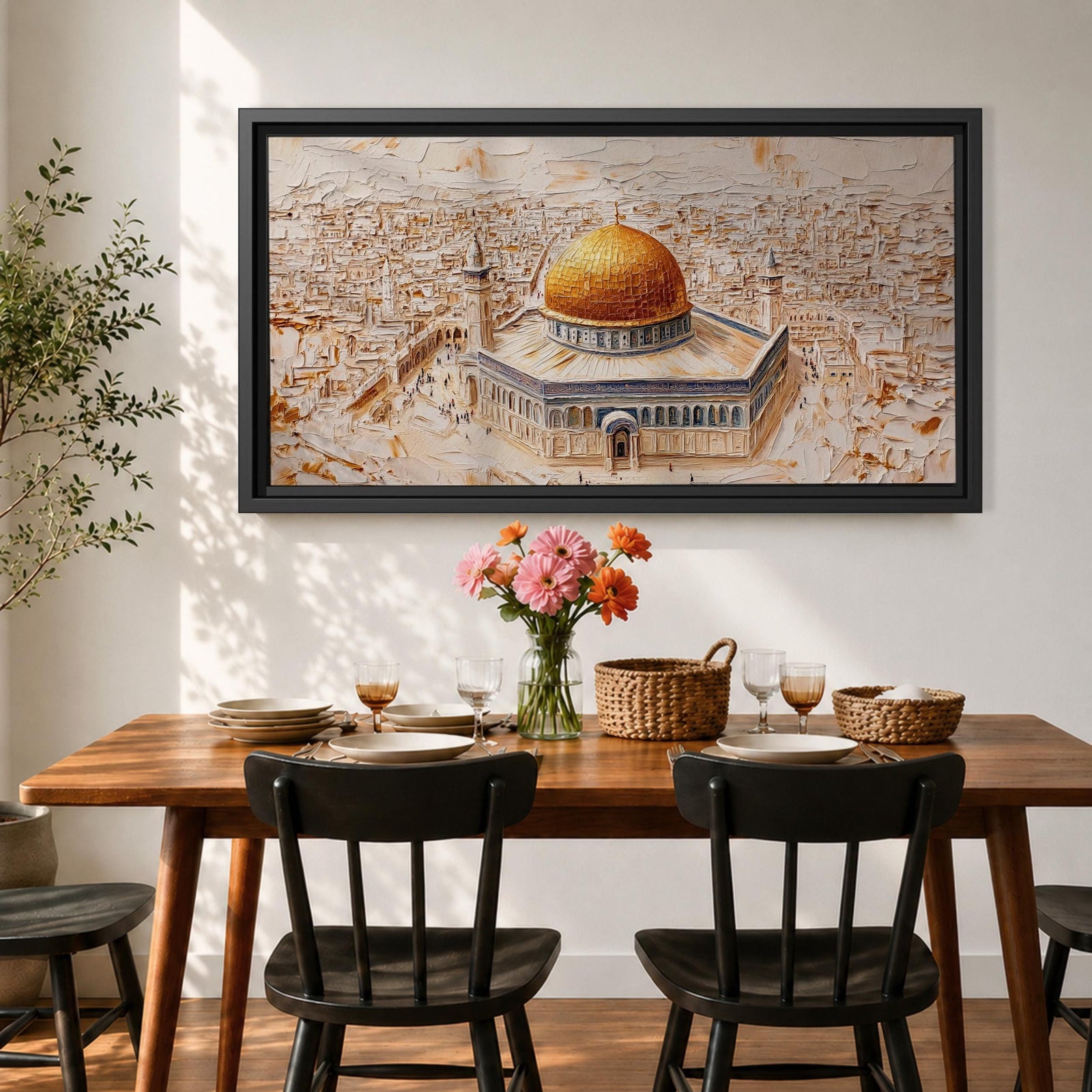Panoramic textured painting of the Dome of the Rock in Jerusalem featuring the large golden dome rising above the octagonal shrine with blue and stone architectural details. The surrounding Jerusalem cityscape spreads across the background in layered neutral tones while small figures and pathways create depth in the wide horizontal composition.