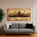 Panoramic painting of Masjid Al Nabawi in Medina featuring the famous green dome surrounded by elegant white minarets and mosque courtyards beneath a glowing sky. Textured palette knife brushstrokes form the domes arches and surrounding city skyline creating a wide Islamic architectural landscape with rich warm tones.