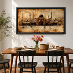 Panoramic painting of Masjid Al Nabawi in Medina featuring the famous green dome surrounded by elegant white minarets and mosque courtyards beneath a glowing sky. Textured palette knife brushstrokes form the domes arches and surrounding city skyline creating a wide Islamic architectural landscape with rich warm tones.