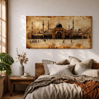 Panoramic painting of Masjid Al Nabawi in Medina featuring the famous green dome surrounded by elegant white minarets and mosque courtyards beneath a glowing sky. Textured palette knife brushstrokes form the domes arches and surrounding city skyline creating a wide Islamic architectural landscape with rich warm tones.