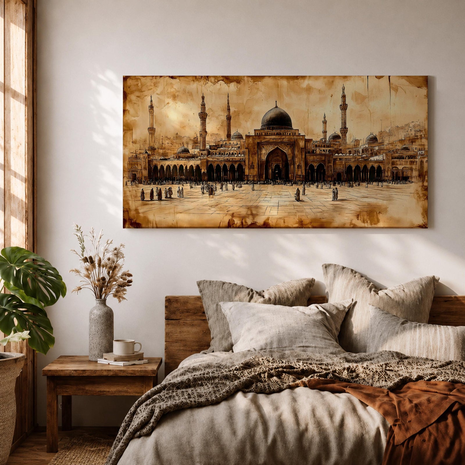 Panoramic painting of Masjid Al Nabawi in Medina featuring the famous green dome surrounded by elegant white minarets and mosque courtyards beneath a glowing sky. Textured palette knife brushstrokes form the domes arches and surrounding city skyline creating a wide Islamic architectural landscape with rich warm tones.