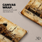 Panoramic painting of Masjid Al Nabawi in Medina featuring the famous green dome surrounded by elegant white minarets and mosque courtyards beneath a glowing sky. Textured palette knife brushstrokes form the domes arches and surrounding city skyline creating a wide Islamic architectural landscape with rich warm tones.