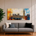 Panoramic abstract painting of the London skyline featuring the Elizabeth Tower known as Big Ben rising above the River Thames with surrounding historic buildings and bridge silhouettes. Thick expressive brushstrokes form textured architecture glowing clock faces and layered reflections across the wide cityscape composition.