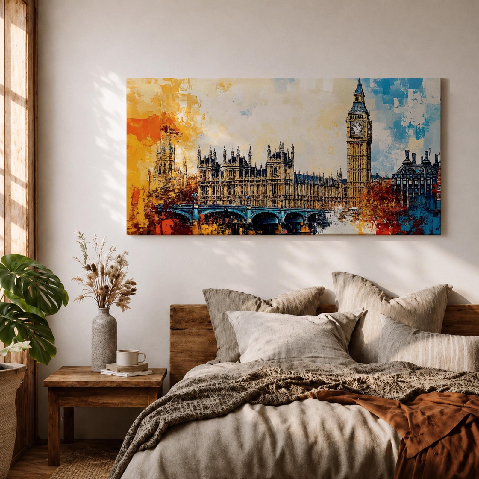Panoramic abstract painting of the London skyline featuring the Elizabeth Tower known as Big Ben rising above the River Thames with surrounding historic buildings and bridge silhouettes. Thick expressive brushstrokes form textured architecture glowing clock faces and layered reflections across the wide cityscape composition.