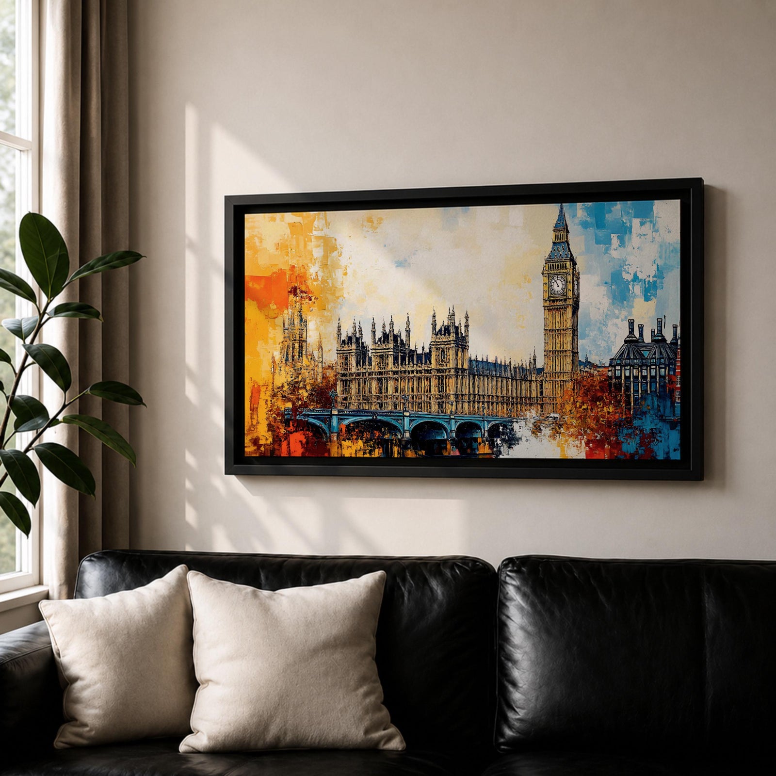 Panoramic abstract painting of the London skyline featuring the Elizabeth Tower known as Big Ben rising above the River Thames with surrounding historic buildings and bridge silhouettes. Thick expressive brushstrokes form textured architecture glowing clock faces and layered reflections across the wide cityscape composition.