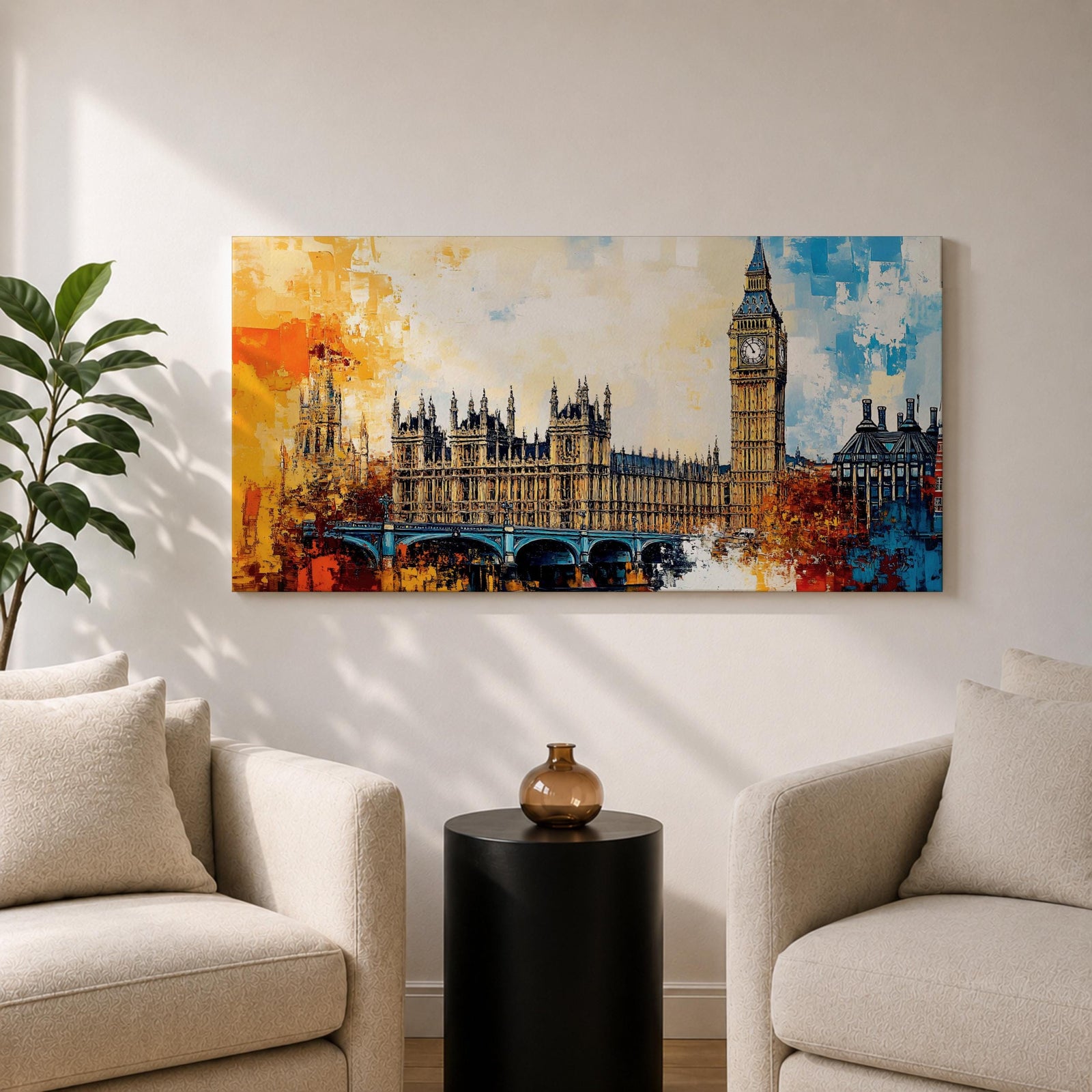 Panoramic abstract painting of the London skyline featuring the Elizabeth Tower known as Big Ben rising above the River Thames with surrounding historic buildings and bridge silhouettes. Thick expressive brushstrokes form textured architecture glowing clock faces and layered reflections across the wide cityscape composition.