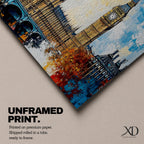 Panoramic abstract painting of the London skyline featuring the Elizabeth Tower known as Big Ben rising above the River Thames with surrounding historic buildings and bridge silhouettes. Thick expressive brushstrokes form textured architecture glowing clock faces and layered reflections across the wide cityscape composition.