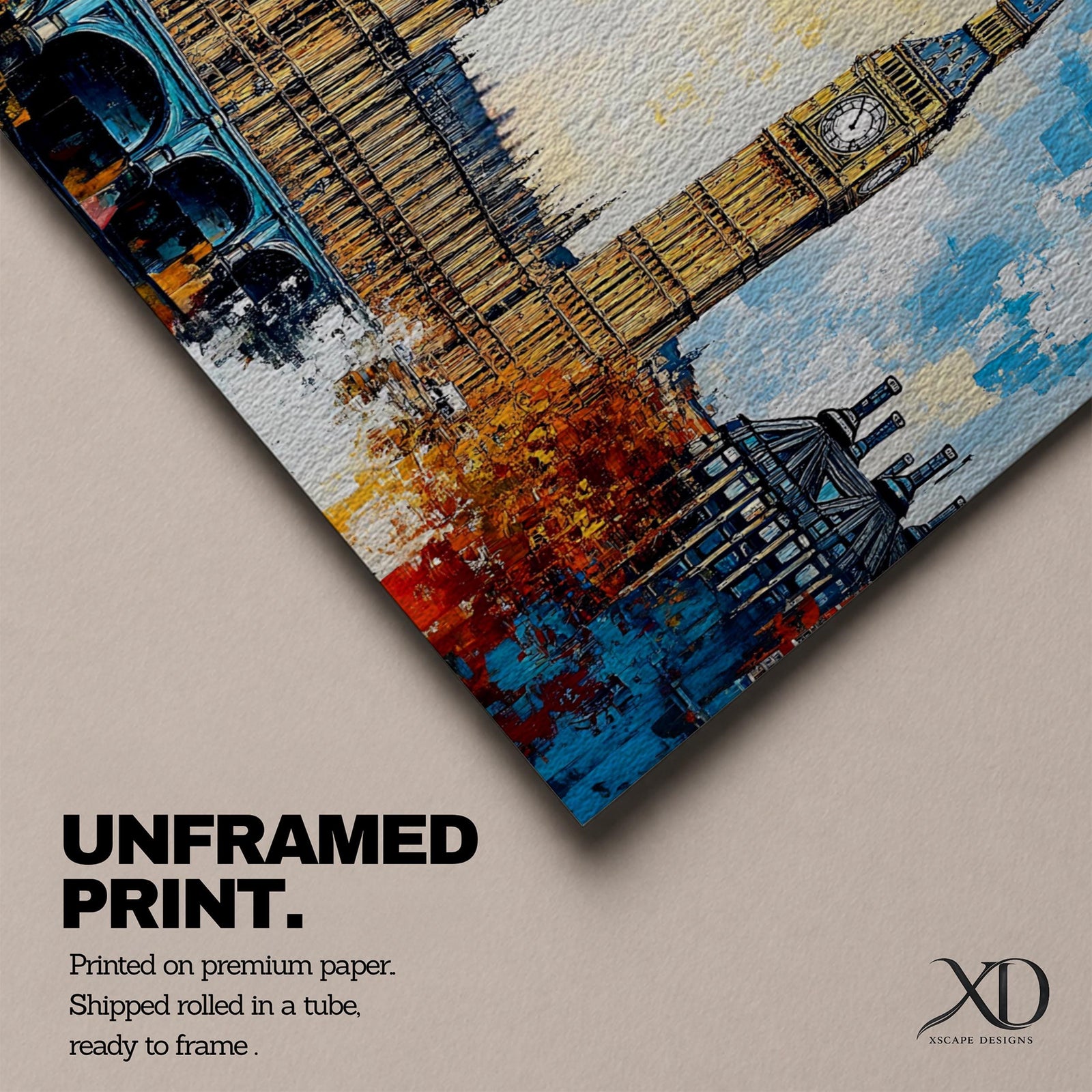 Panoramic abstract painting of the London skyline featuring the Elizabeth Tower known as Big Ben rising above the River Thames with surrounding historic buildings and bridge silhouettes. Thick expressive brushstrokes form textured architecture glowing clock faces and layered reflections across the wide cityscape composition.