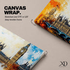 Panoramic abstract painting of the London skyline featuring the Elizabeth Tower known as Big Ben rising above the River Thames with surrounding historic buildings and bridge silhouettes. Thick expressive brushstrokes form textured architecture glowing clock faces and layered reflections across the wide cityscape composition.