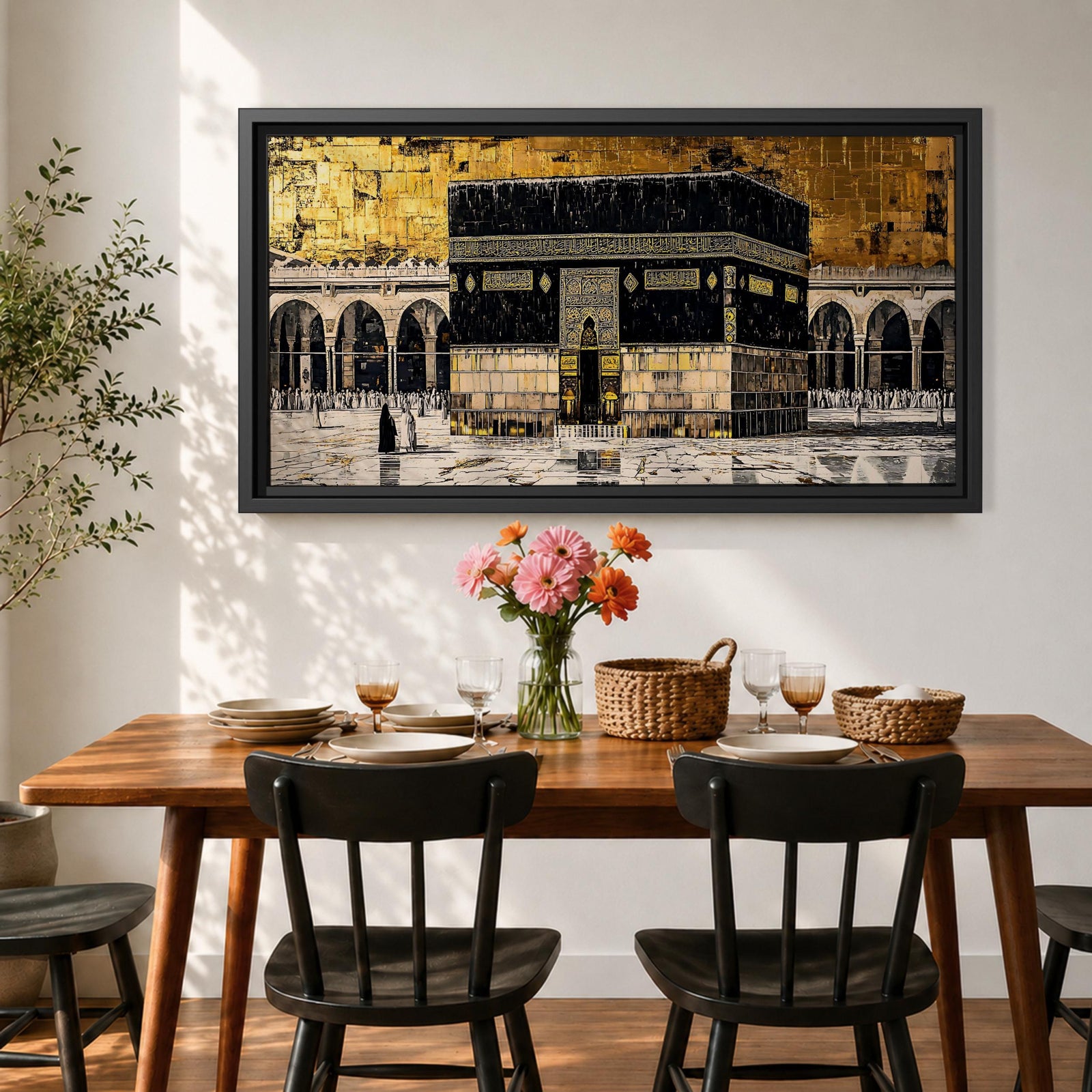 Panoramic gold and black painting of the Kaaba at Masjid al Haram in Mecca, showing the cubed sanctuary draped in the black kiswah with gold calligraphy bands. Surrounding mosque arches and marble courtyard stretch across the horizontal composition while small pilgrim figures circle the Kaaba creating scale and depth.