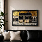 Panoramic gold and black painting of the Kaaba at Masjid al Haram in Mecca, showing the cubed sanctuary draped in the black kiswah with gold calligraphy bands. Surrounding mosque arches and marble courtyard stretch across the horizontal composition while small pilgrim figures circle the Kaaba creating scale and depth.