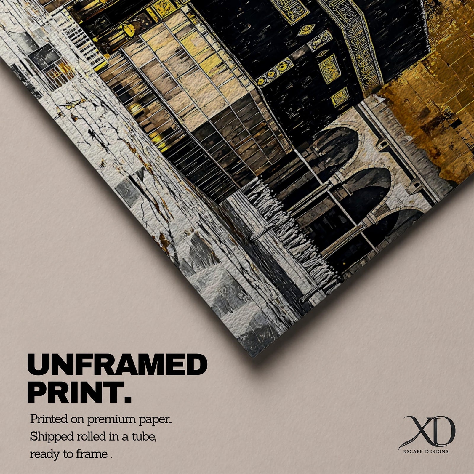 Panoramic gold and black painting of the Kaaba at Masjid al Haram in Mecca, showing the cubed sanctuary draped in the black kiswah with gold calligraphy bands. Surrounding mosque arches and marble courtyard stretch across the horizontal composition while small pilgrim figures circle the Kaaba creating scale and depth.