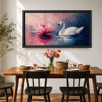 Panoramic painting of a graceful white swan gliding across calm reflective water beside a large blooming pink lotus flower. Soft blended brushstrokes create a dreamy atmosphere with gentle ripples reflections and layered petals while cool blue and warm pink tones contrast across the wide horizontal water scene.