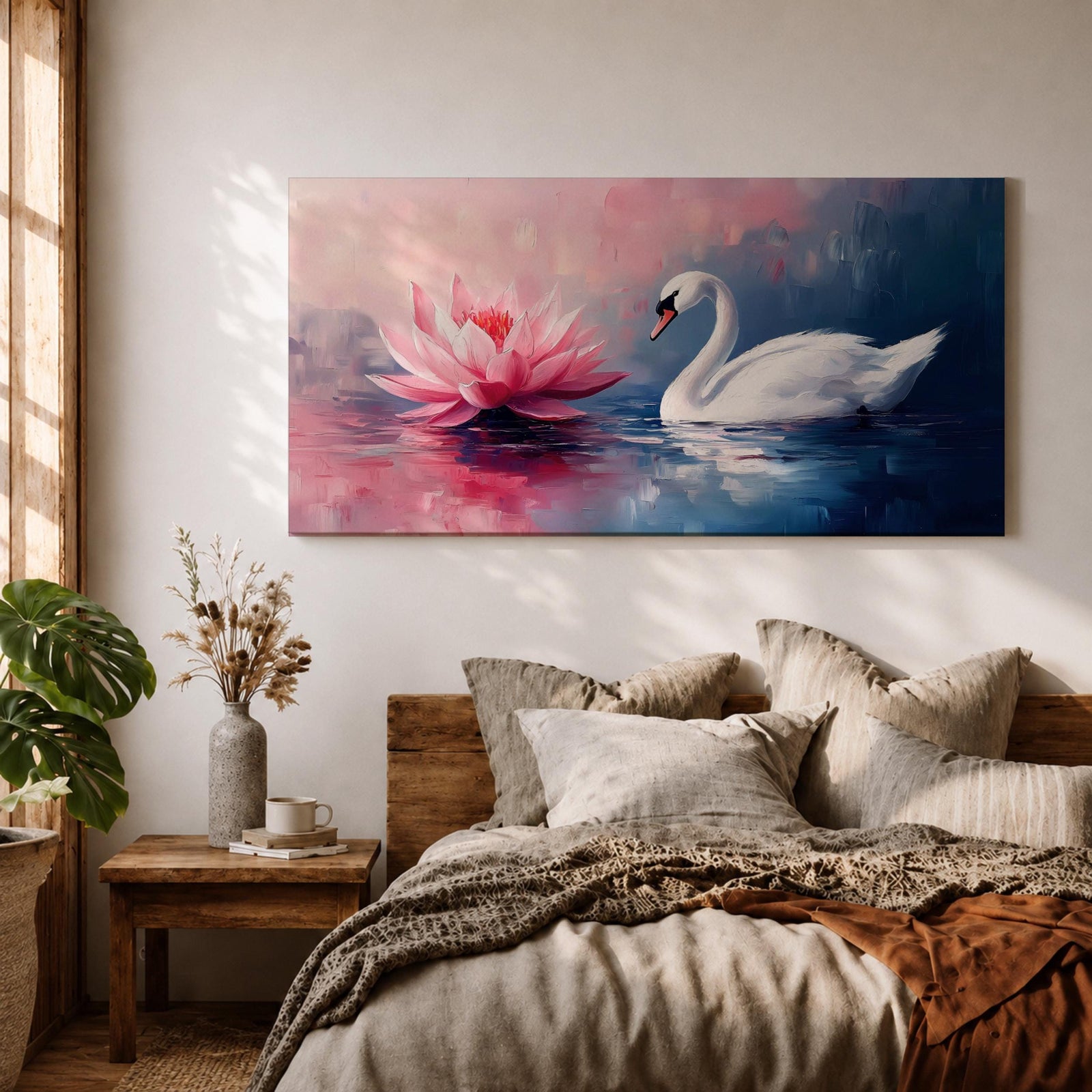Panoramic painting of a graceful white swan gliding across calm reflective water beside a large blooming pink lotus flower. Soft blended brushstrokes create a dreamy atmosphere with gentle ripples reflections and layered petals while cool blue and warm pink tones contrast across the wide horizontal water scene.