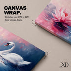 Panoramic painting of a graceful white swan gliding across calm reflective water beside a large blooming pink lotus flower. Soft blended brushstrokes create a dreamy atmosphere with gentle ripples reflections and layered petals while cool blue and warm pink tones contrast across the wide horizontal water scene.