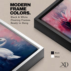 Panoramic painting of a graceful white swan gliding across calm reflective water beside a large blooming pink lotus flower. Soft blended brushstrokes create a dreamy atmosphere with gentle ripples reflections and layered petals while cool blue and warm pink tones contrast across the wide horizontal water scene.
