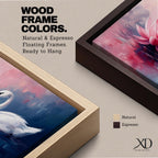 Panoramic painting of a graceful white swan gliding across calm reflective water beside a large blooming pink lotus flower. Soft blended brushstrokes create a dreamy atmosphere with gentle ripples reflections and layered petals while cool blue and warm pink tones contrast across the wide horizontal water scene.