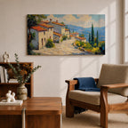 Panoramic painting of a Mediterranean hillside village with warm stone houses and terracotta roofs overlooking the rolling Tuscany hills. Thick palette knife brushstrokes create textured buildings cypress trees and layered green landscapes beneath a glowing sky forming a wide Italian countryside scene.