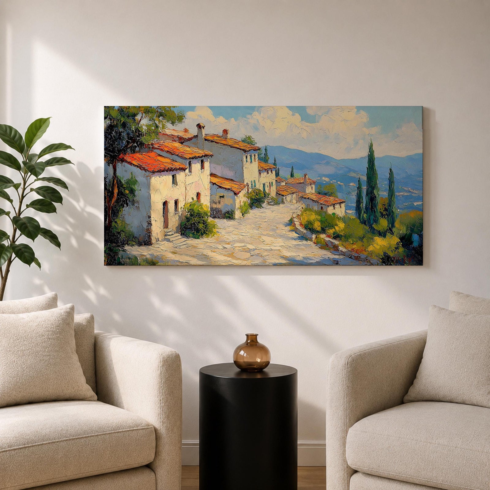 Panoramic painting of a Mediterranean hillside village with warm stone houses and terracotta roofs overlooking the rolling Tuscany hills. Thick palette knife brushstrokes create textured buildings cypress trees and layered green landscapes beneath a glowing sky forming a wide Italian countryside scene.