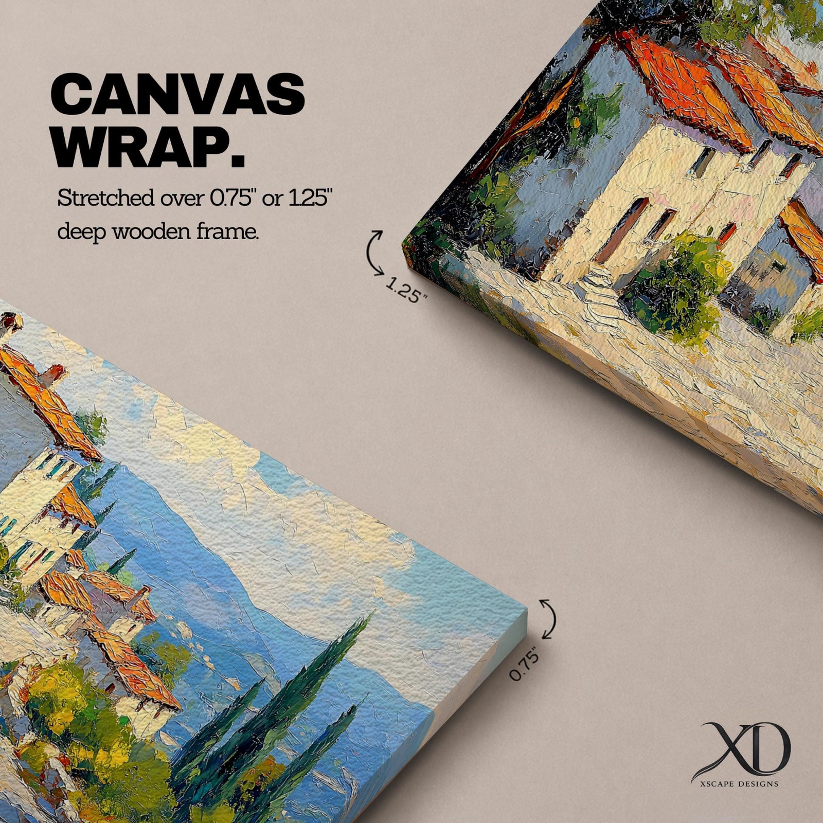 Panoramic painting of a Mediterranean hillside village with warm stone houses and terracotta roofs overlooking the rolling Tuscany hills. Thick palette knife brushstrokes create textured buildings cypress trees and layered green landscapes beneath a glowing sky forming a wide Italian countryside scene.