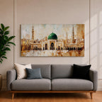 Panoramic painting of Al Masjid an Nabawi in Medina featuring the iconic green dome centered among ornate mosque architecture and tall minarets rising against a warm textured skyline. Thick palette knife strokes form arches domes and city structures creating a wide horizontal Islamic architectural scene with layered gold beige and green tones.