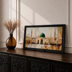 Panoramic painting of Al Masjid an Nabawi in Medina featuring the iconic green dome centered among ornate mosque architecture and tall minarets rising against a warm textured skyline. Thick palette knife strokes form arches domes and city structures creating a wide horizontal Islamic architectural scene with layered gold beige and green tones.