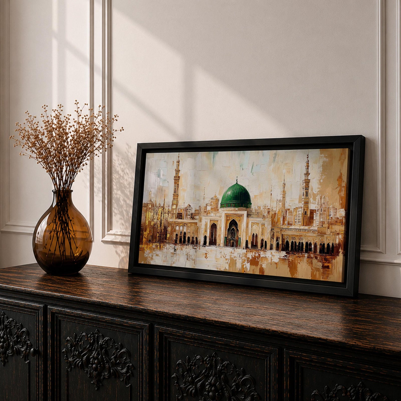 Panoramic painting of Al Masjid an Nabawi in Medina featuring the iconic green dome centered among ornate mosque architecture and tall minarets rising against a warm textured skyline. Thick palette knife strokes form arches domes and city structures creating a wide horizontal Islamic architectural scene with layered gold beige and green tones.