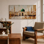 Panoramic painting of Al Masjid an Nabawi in Medina featuring the iconic green dome centered among ornate mosque architecture and tall minarets rising against a warm textured skyline. Thick palette knife strokes form arches domes and city structures creating a wide horizontal Islamic architectural scene with layered gold beige and green tones.