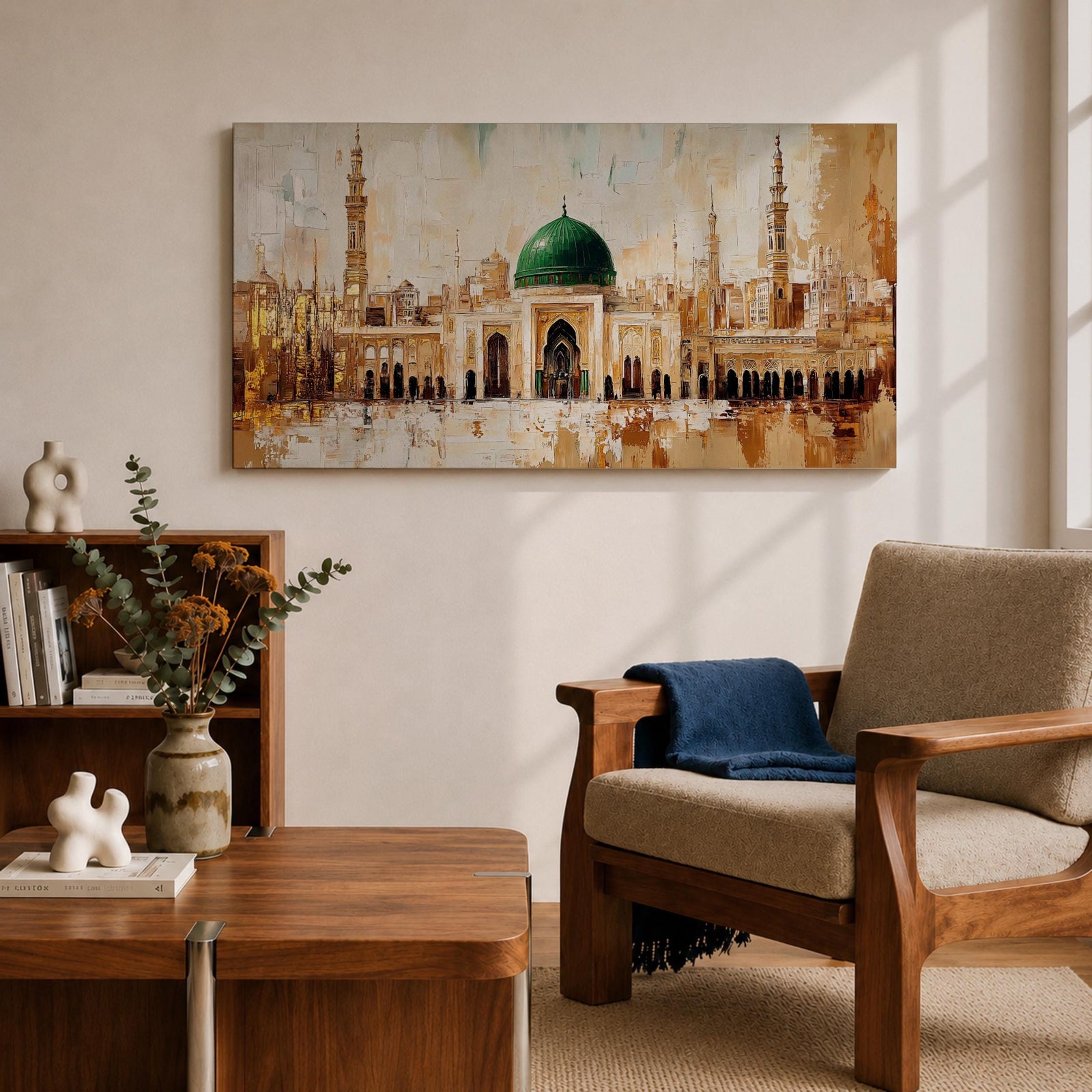 Panoramic painting of Al Masjid an Nabawi in Medina featuring the iconic green dome centered among ornate mosque architecture and tall minarets rising against a warm textured skyline. Thick palette knife strokes form arches domes and city structures creating a wide horizontal Islamic architectural scene with layered gold beige and green tones.